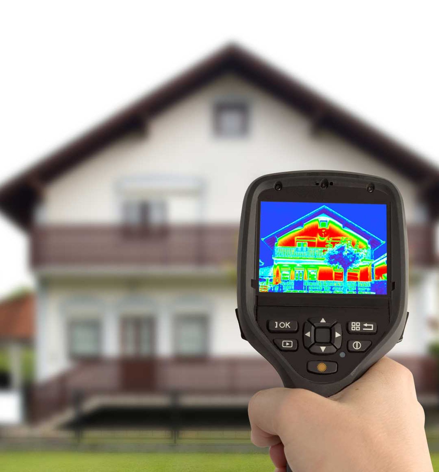 Eine Hand hält eine Thermografiekamera, die ein Haus von außen aufzeichnet. © Suljo/iStock via Getty Images © Suljo/iStock via Getty Images via © Suljo/iStock via Getty Images
