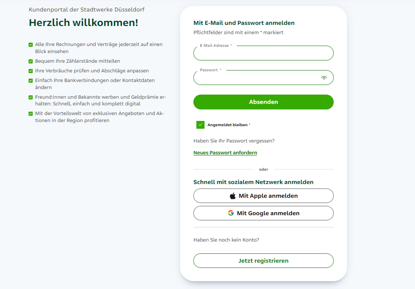 Screenshot zum Login in das Kundenportal der Stadtwerke Düsseldorf