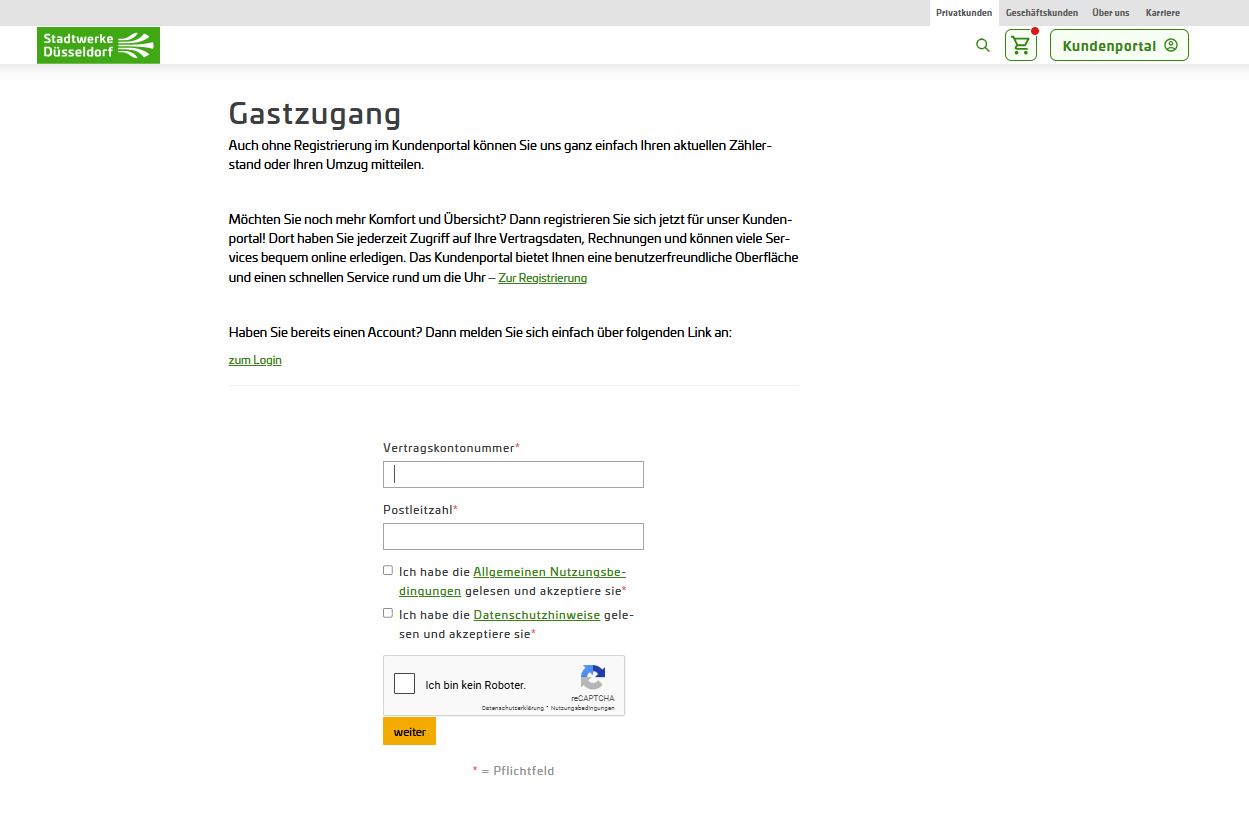 Screenshot vom Gaszugang des Kundenportals der Stadtwerke Düsseldorf
