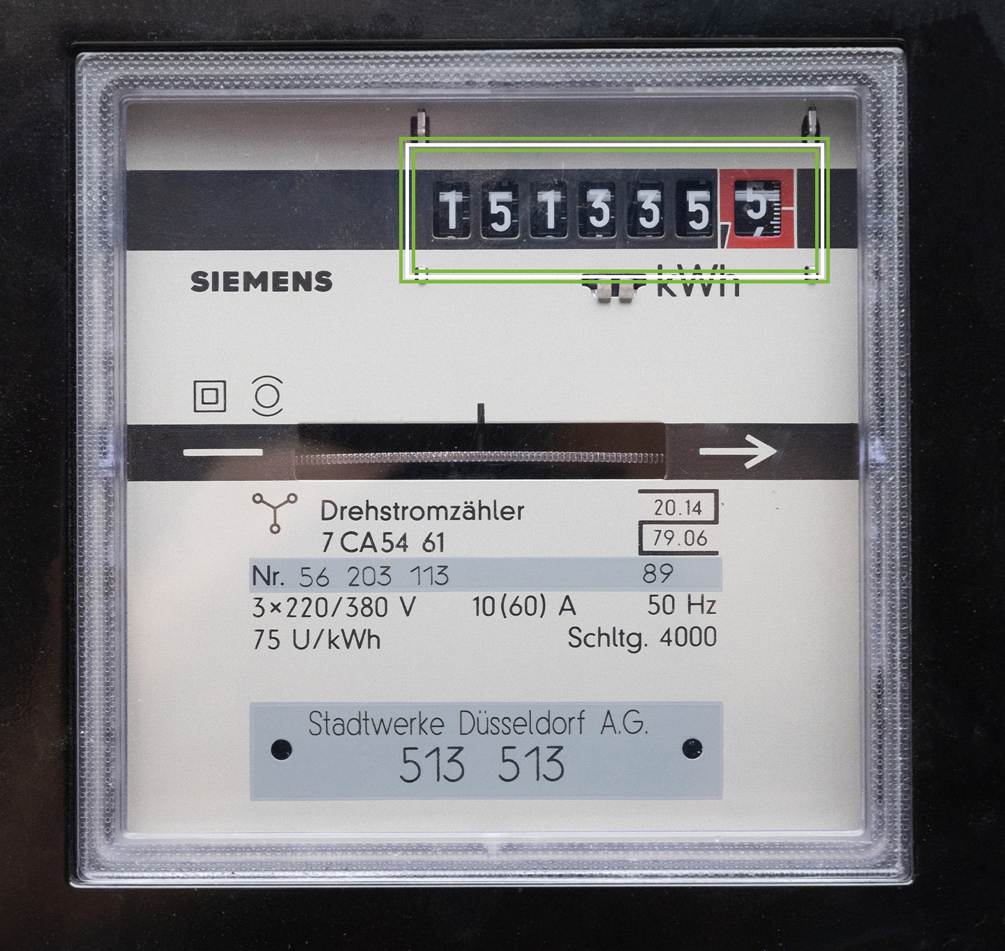 Analoger Stromzähler mit markiertem Zählerstand. © Stadtwerke Düsseldorf