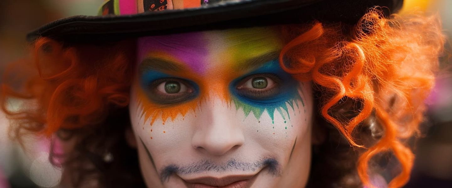 Ein Clown mit aufwändigem Makeup zu Karneval
