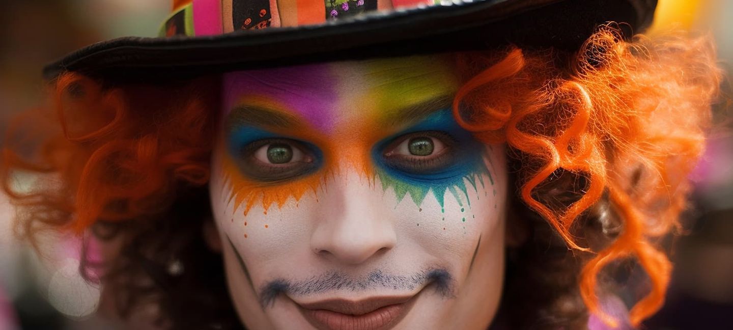 Ein Clown mit aufwändigem Makeup zu Karneval