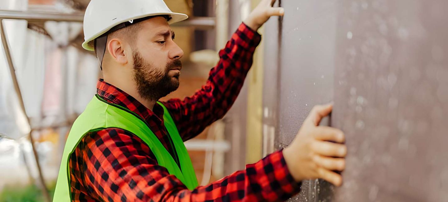 Ein Arbeiter bringt eine Wärmeisolierung an der Fassade eines Gebäudes an. © milan2099 / E+ via via Getty Images
