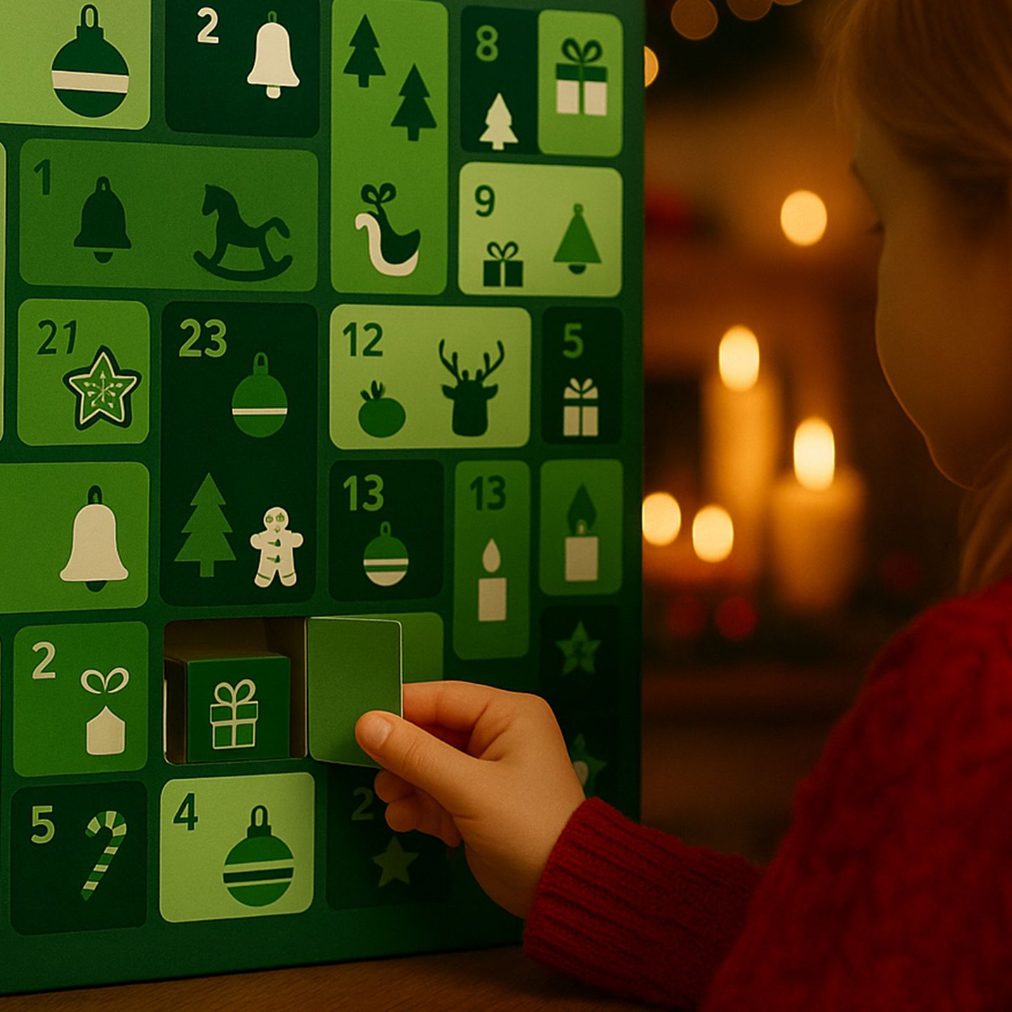 Ein Adventskalender der Stadtwerke Düsseldorf wird von einem Kind geöffnet