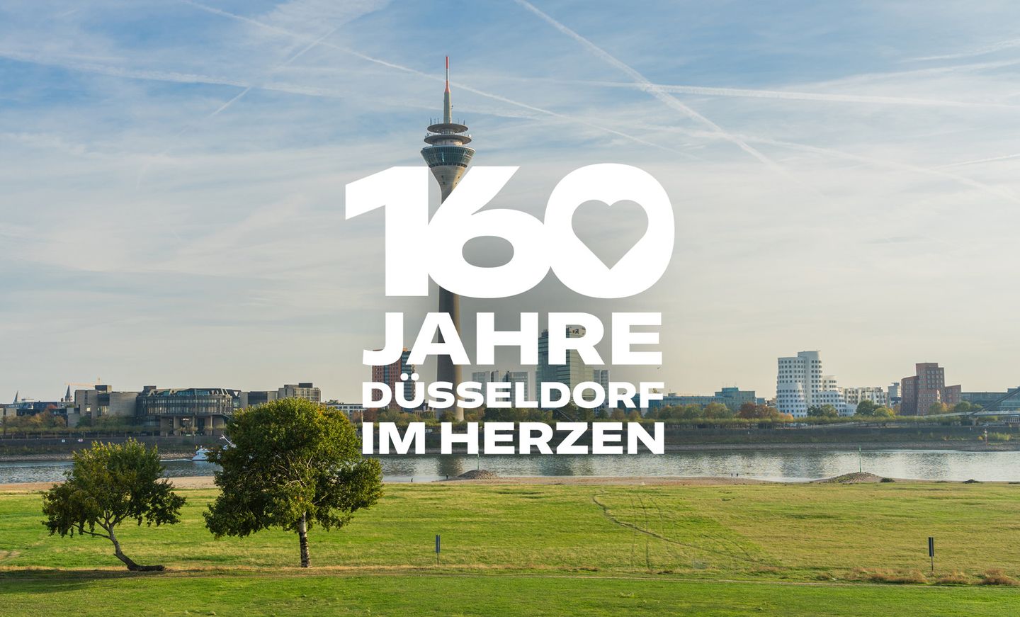 Rheinmotiv von Düsseldorf mit der Aufschrift "160 Jahre Düsseldorf im Herzen"