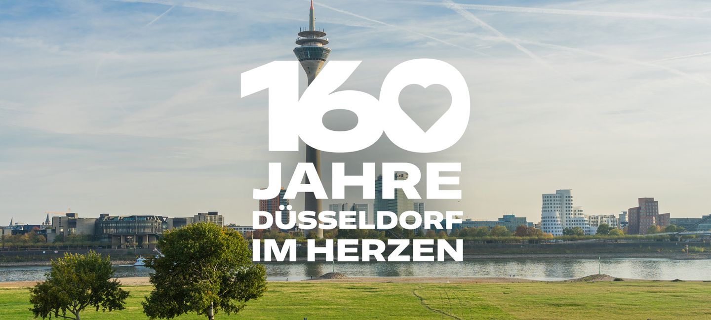 Rheinmotiv von Düsseldorf mit der Aufschrift "160 Jahre Düsseldorf im Herzen"
