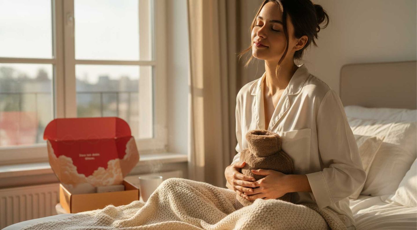 Eine Frau mit einer Kooshl-Wärmflasche im Bett