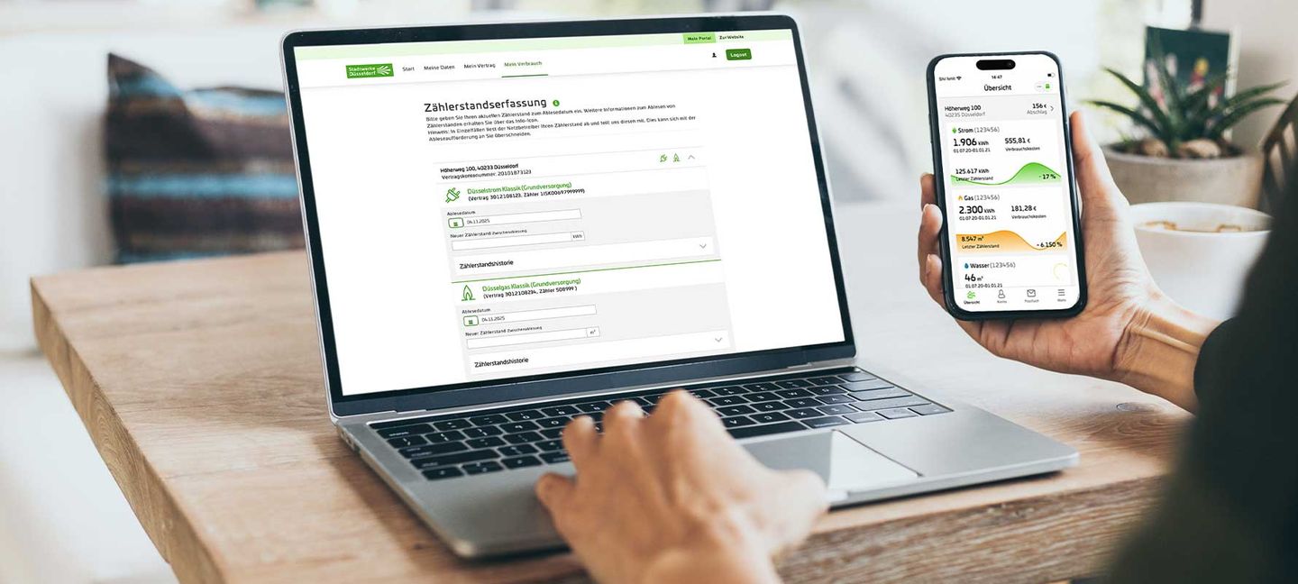 Das Kundenportal Web und App auf einem Laptop und Smartphone