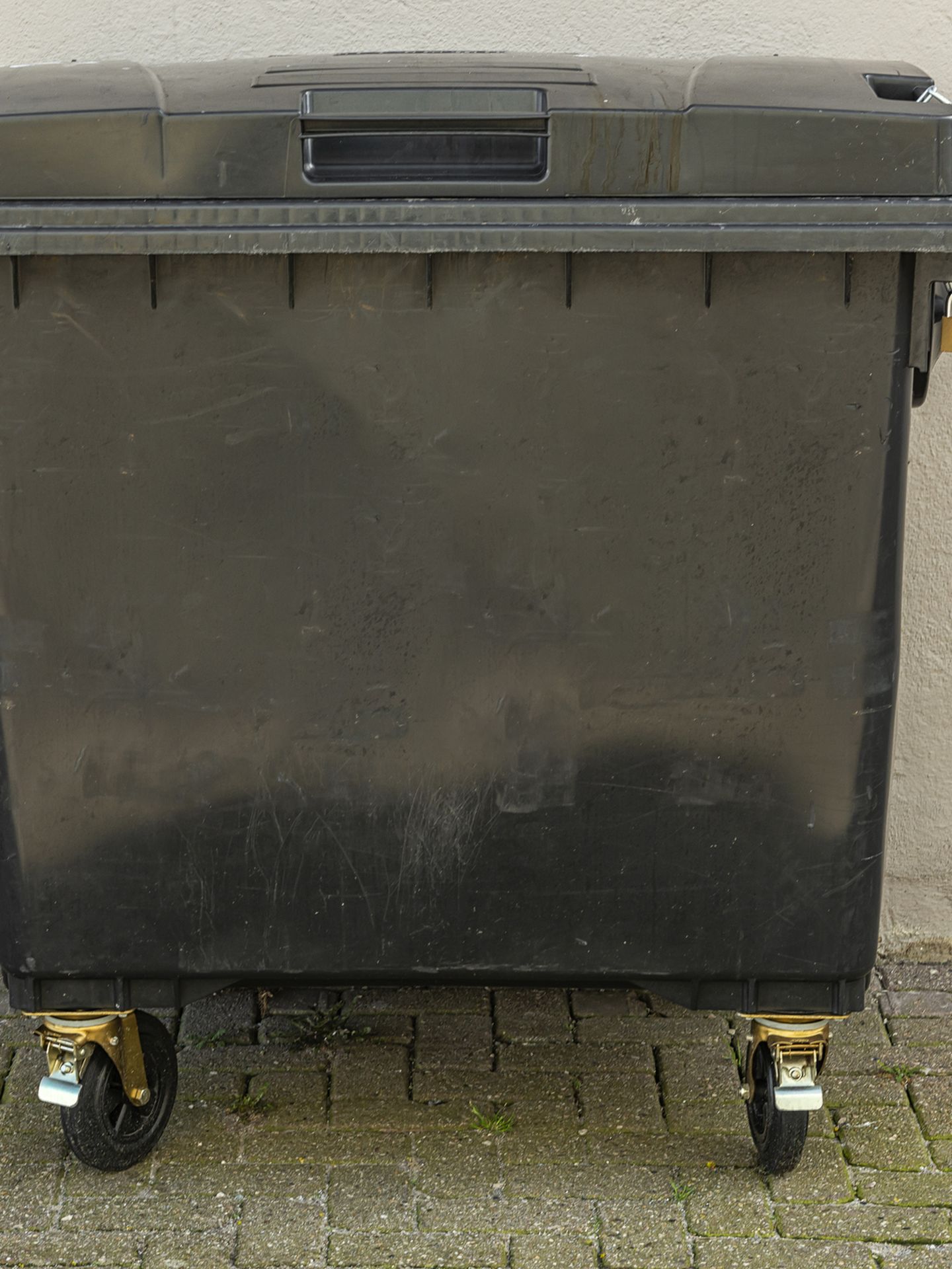 Eine große Schwarze Tonne steht vor einer Hauswand. © jada photo / Moment via Getty Images