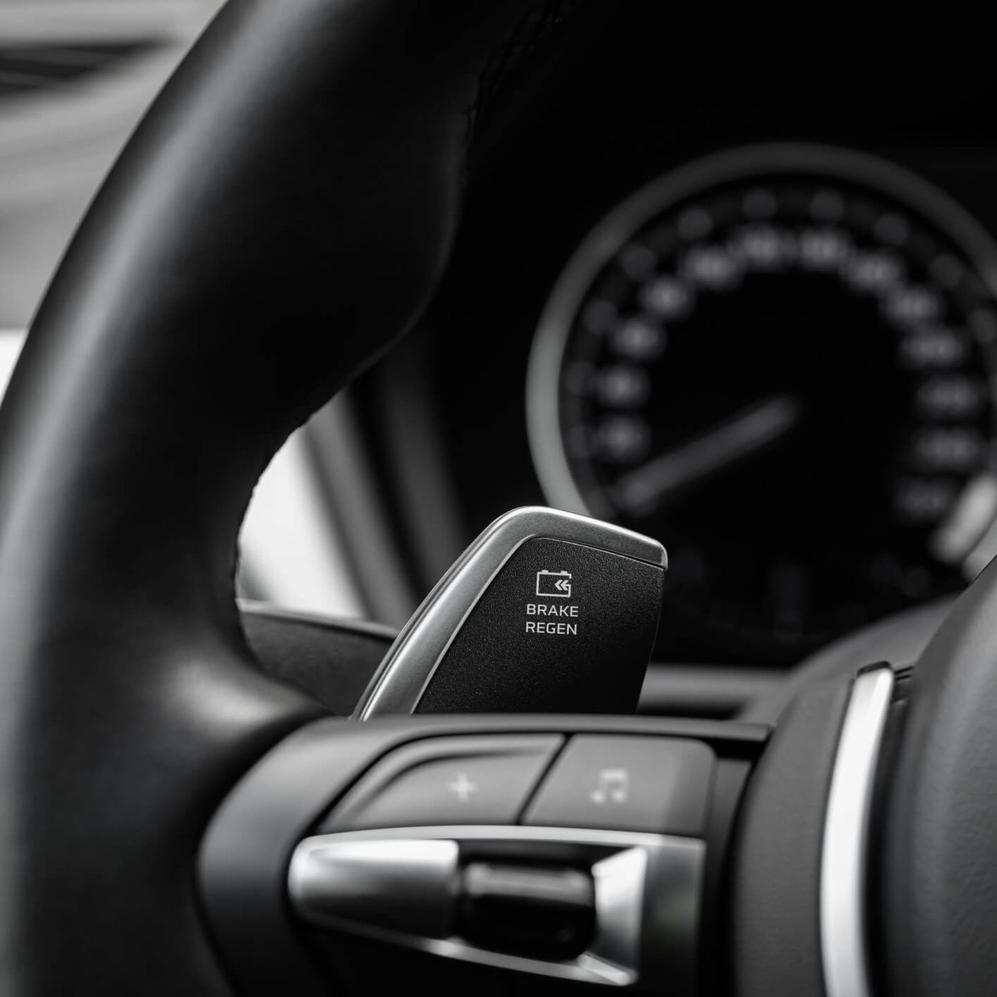 Nahaufnahme eines Lenkrads mit einem Schalter mit der Aufschrift „Brake Regen“.