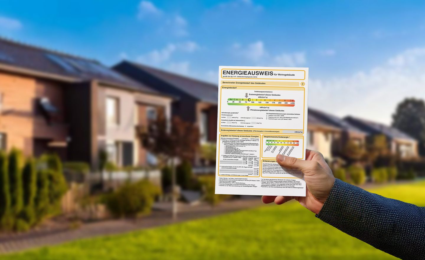 Ein Bedarfsausweis vor einem Reihenhaus