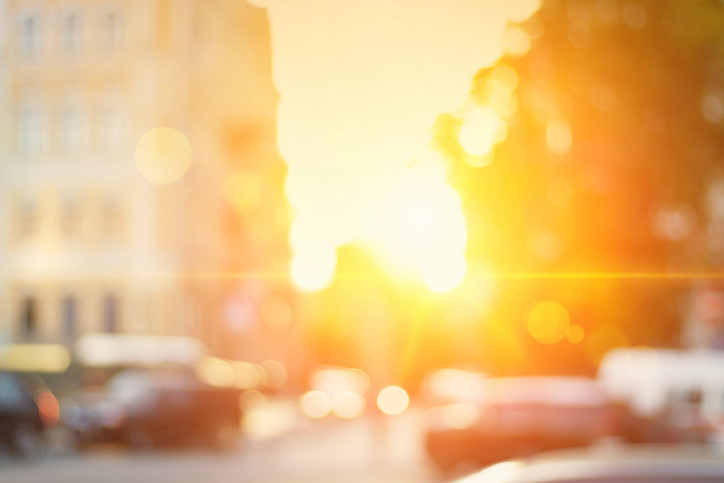 Tief stehende Sonne zwischen Gebäuden und Fahrzeugen in einer dicht bebauten Stadt © inspired_by_the_light via Getty Images