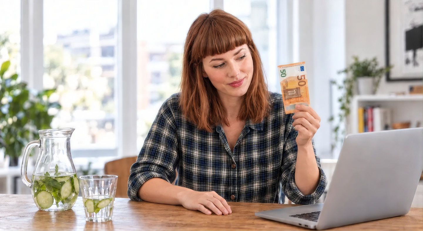Eine Frau in einem karierten Hemd hält einen 50-Euro-Schein in der Hand, während sie an einem Tisch mit einem Laptop und einer Karaffe Gurkenwasser sitzt.