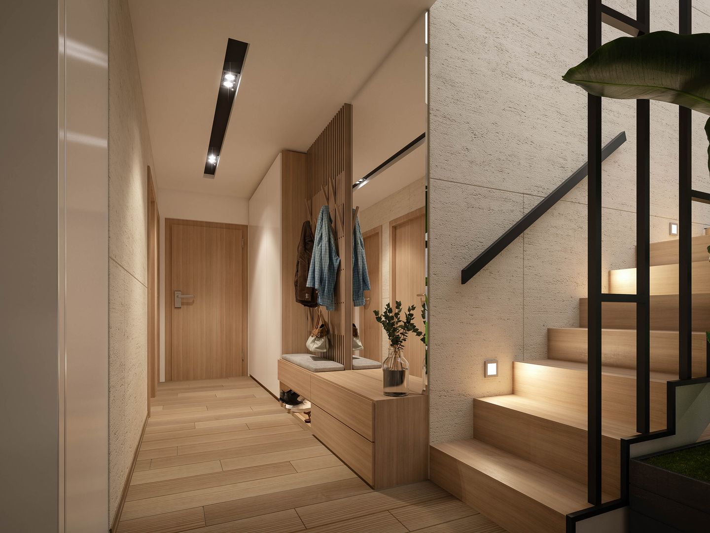 Moderner Flur mit Holzdetails, integrierter Garderobe mit Sitzgelegenheit, Spiegel und dekorativer Pflanze neben einer Holztreppe mit Beleuchtung