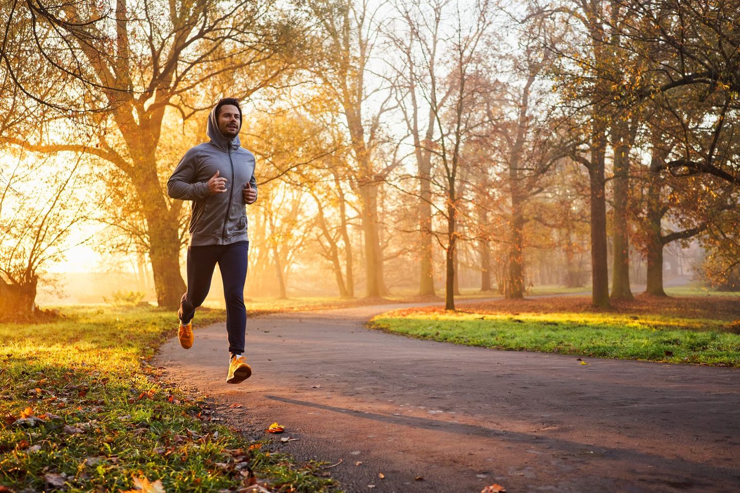 Mann joggt durch einen herbstlichen Park in Düsseldorf bei Sonnenaufgang.