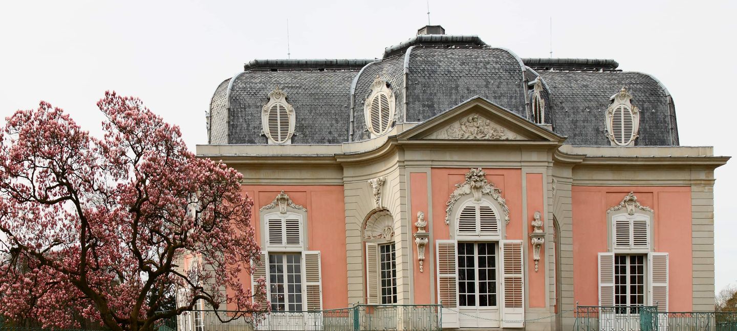 Das Schloss Benrath in Düsseldorf mit blühendem Magnolienbaum im Vordergrund. Getty