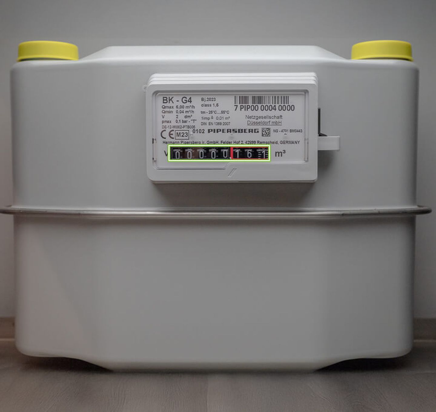 Gaszähler mit markierter Zählerstandsanzeige zum Ablesen des aktuellen Gasverbrauchs. © Stadtwerke Düsseldorf © Stadtwerke Düsseldorf