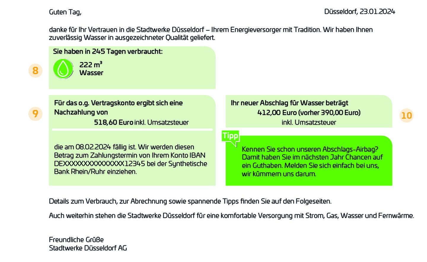 Brieftext einer Wasserrechnung