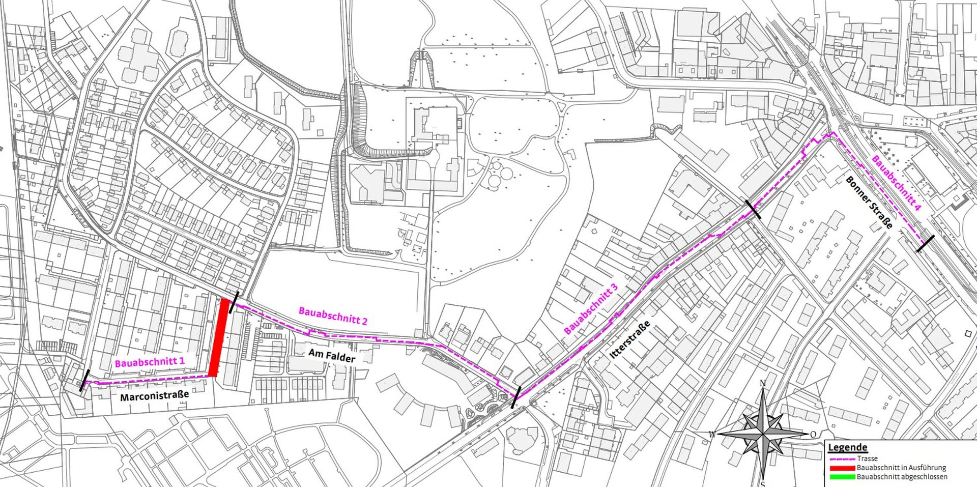 Map showing a proposed road route in pink, labeled with street names. Buildings and other roads are in black and white.