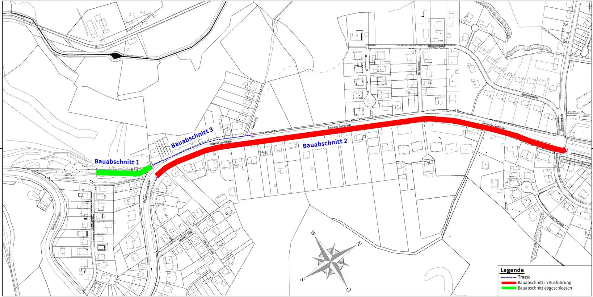 Map showing a construction plan with a red highlighted route labeled "Bauabschnitt 2" and a green section labeled "Bauabschnitt 1".