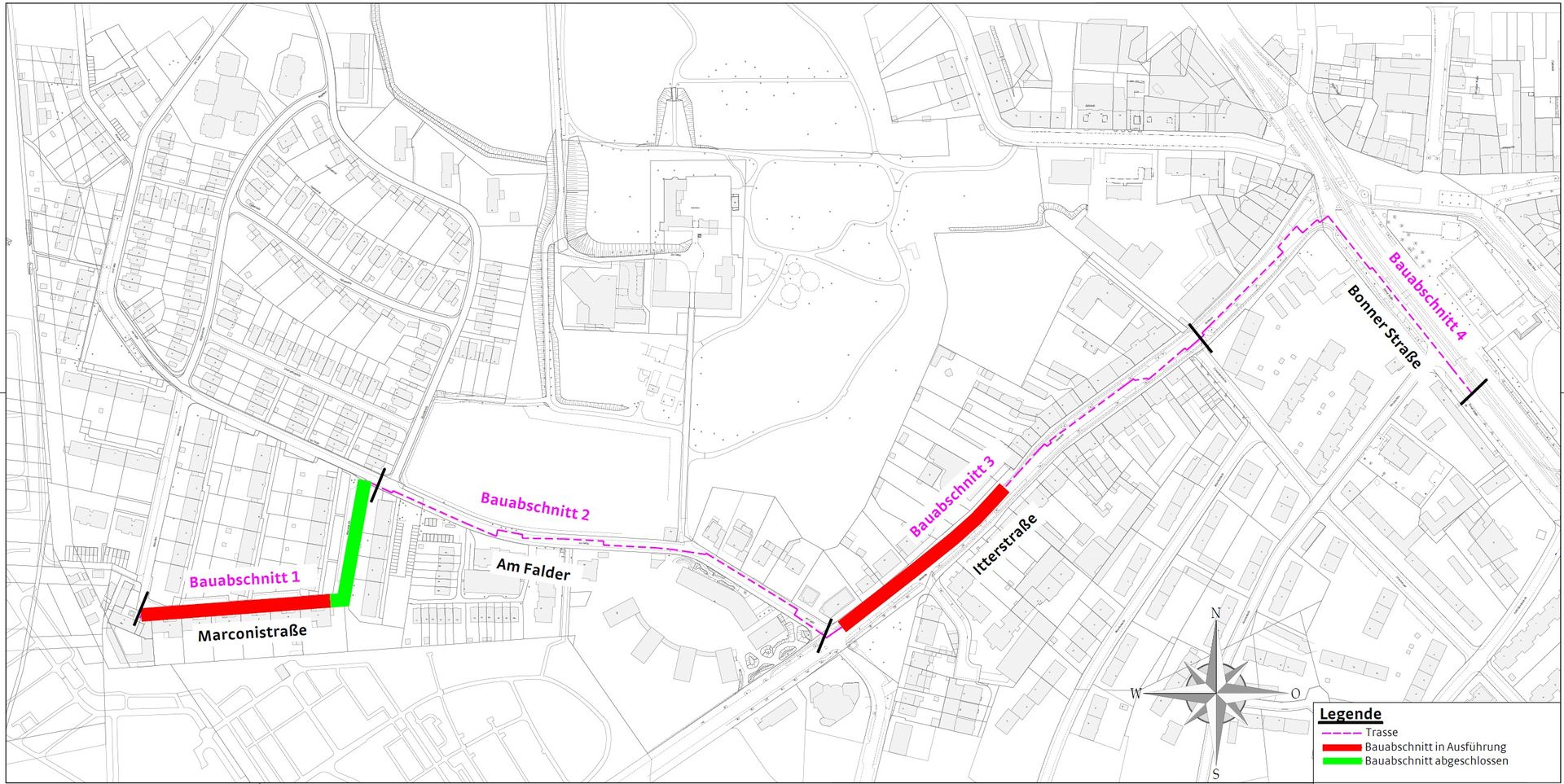 Map showing construction phases with color-coded routes: green for completed, red for under construction, and pink for planned expansion.