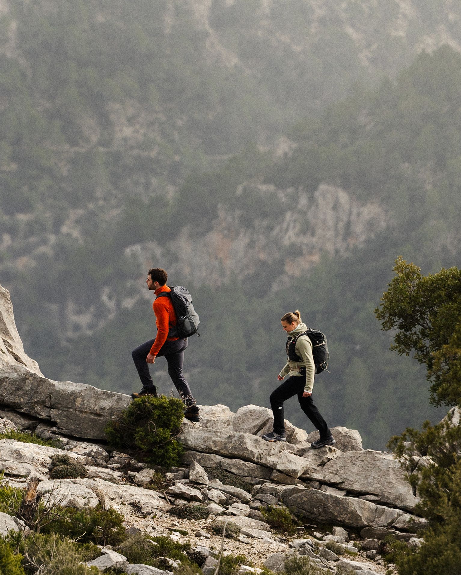 Two hikers with backpacks traverse a rocky mountain trail, surrounded by misty hills and trees.