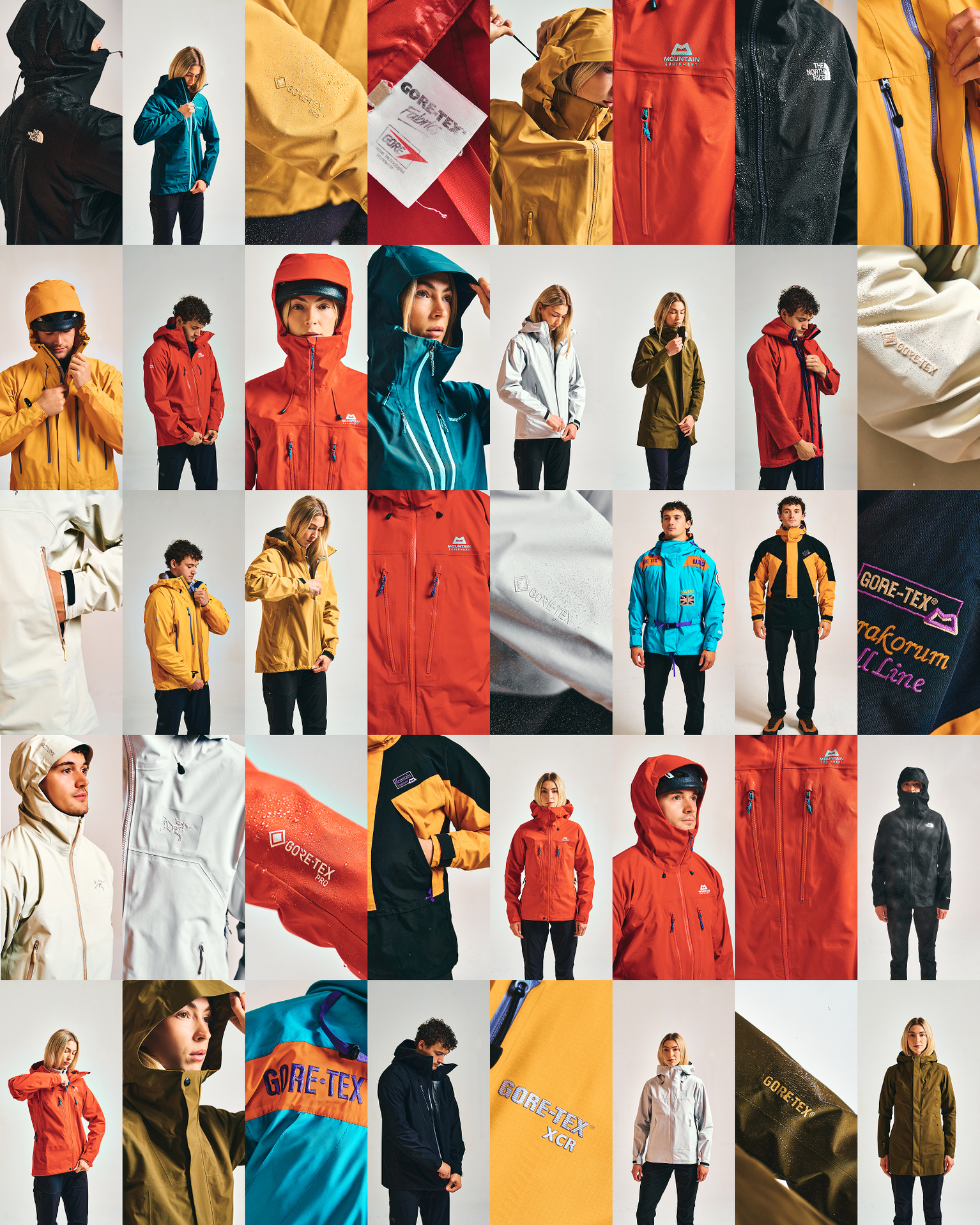 Collage of various high-quality mountain sports jackets in vibrant colours, featuring outdoor enthusiasts in diverse weather gear.
