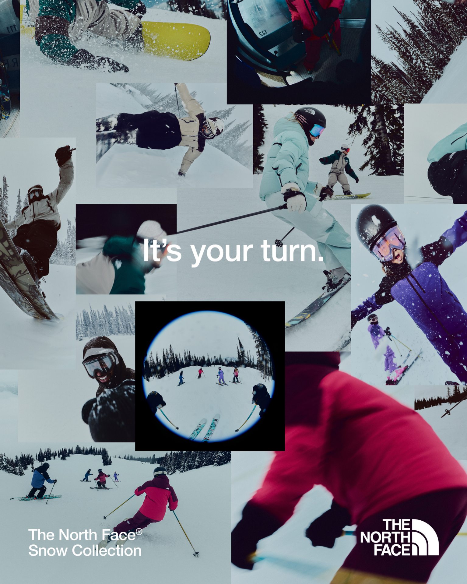 Collage of skiers and snowboarders enjoying the slopes in stylish, high-performance gear from The North Face Snow Collection.