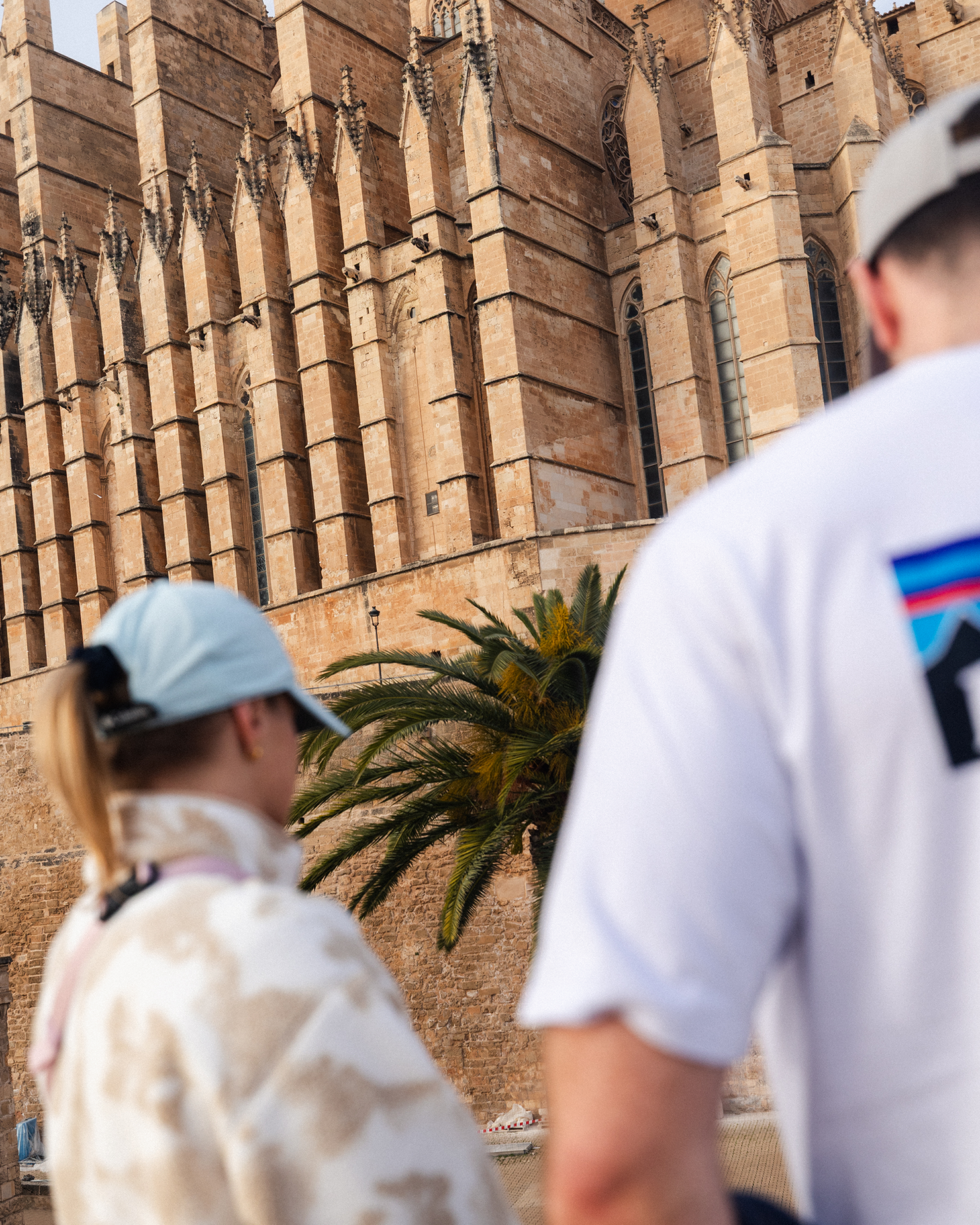 People wearing casual clothing standing in front of a historic cathedral with detailed stone architecture and a palm tree nearby.