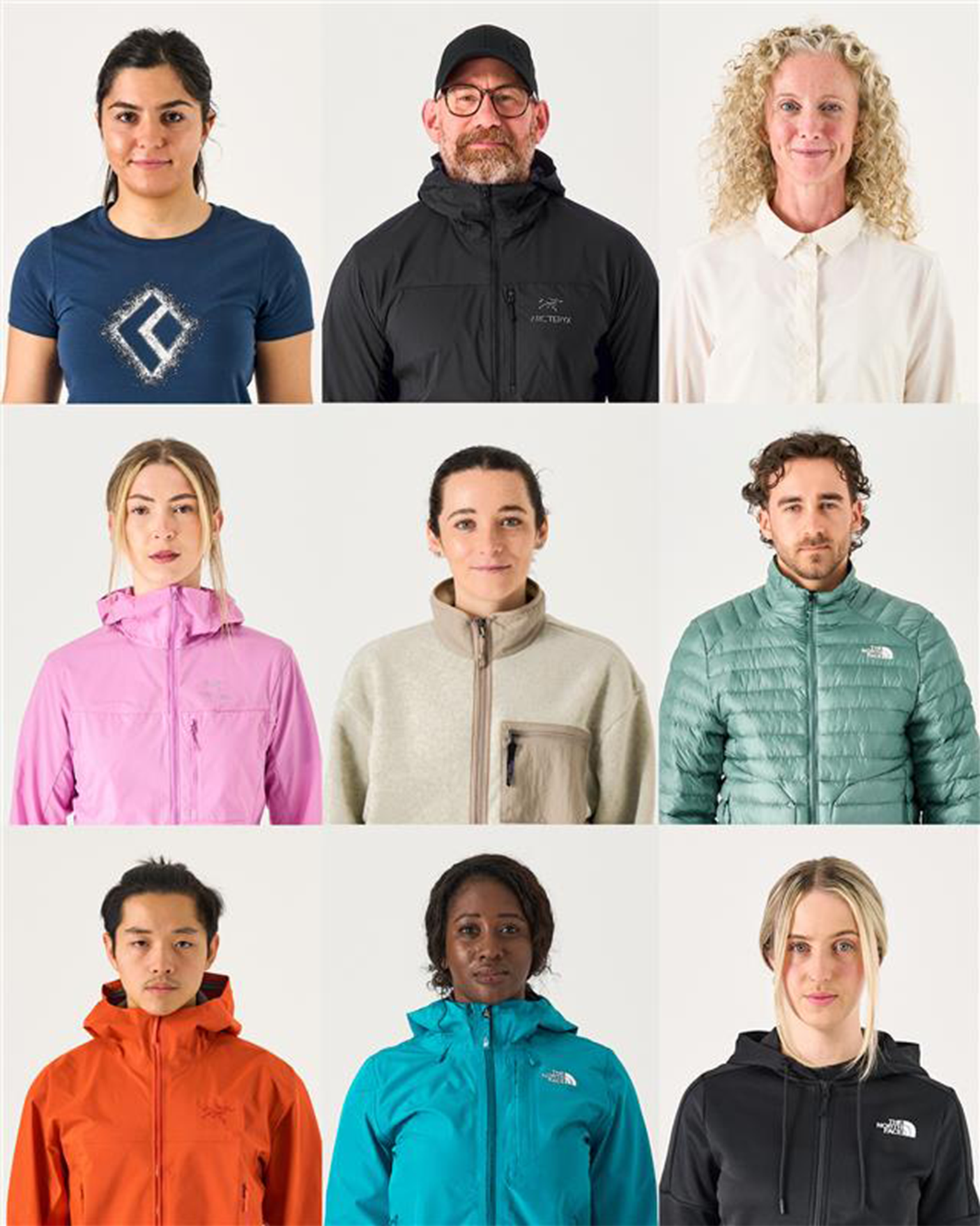 A grid of nine people wearing various outdoor clothing, including jackets and shirts, in different colors and styles, posing against a plain background.