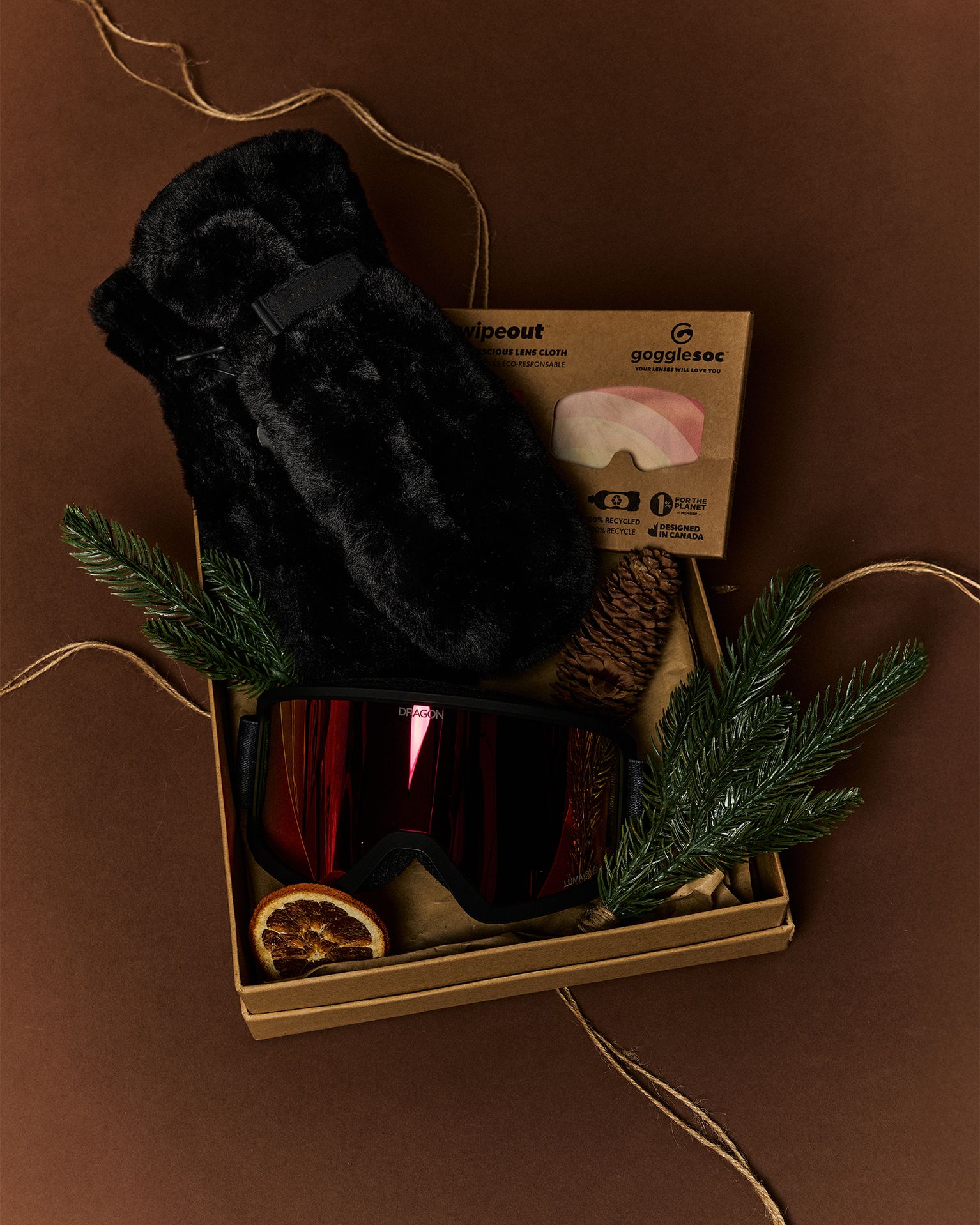 Ski goggles with red lenses, black mittens, and a cleaning cloth in a box with pinecones, fir branches, and a dried orange slice on a brown background.