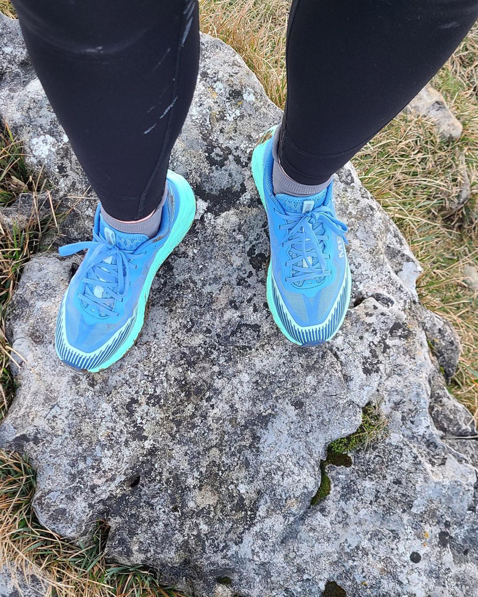 Person in blue trail running shoes standing on a large rock, surrounded by grass.