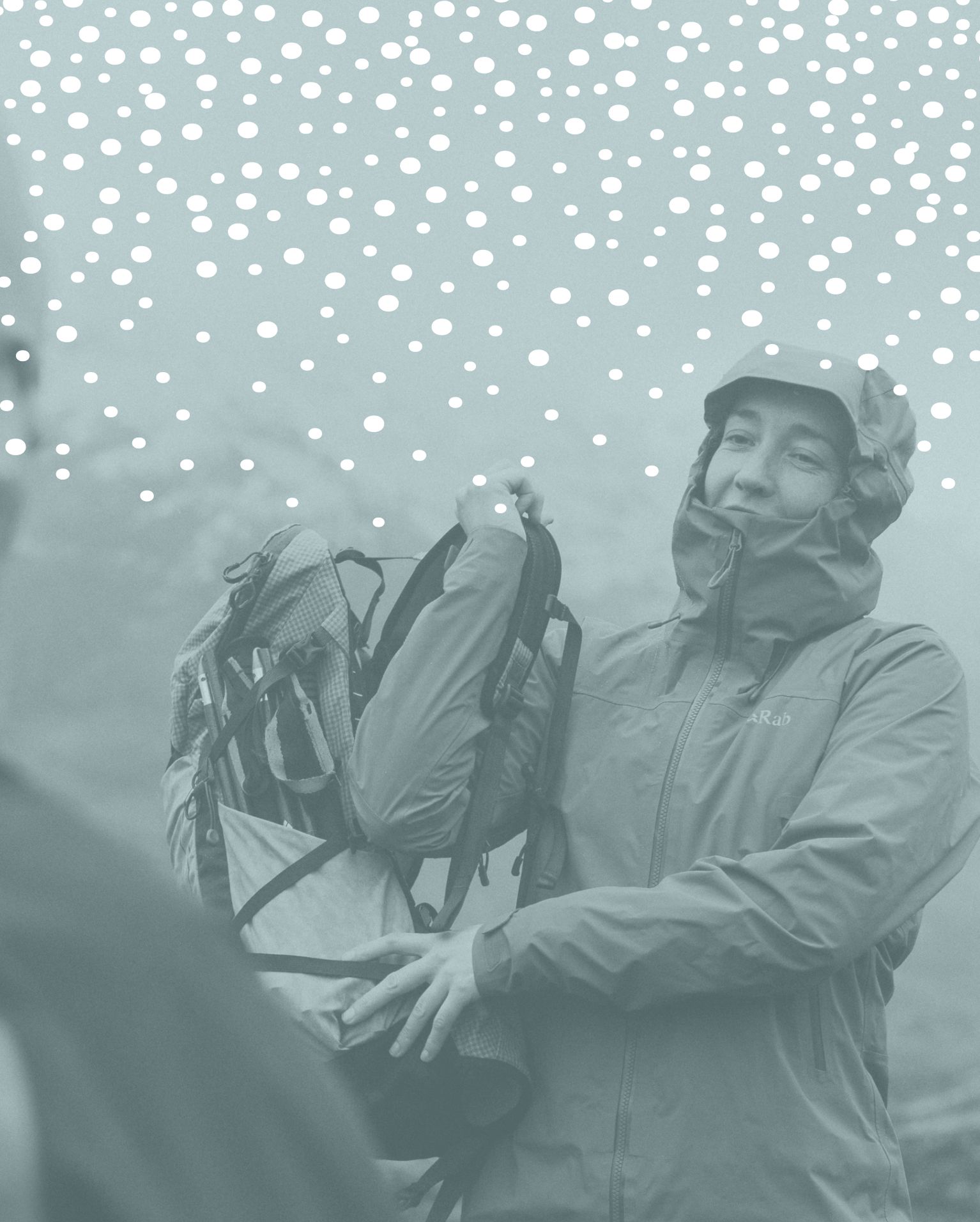 Person in a rain jacket adjusts a backpack in a misty outdoor setting, with a dotted pattern overlay above.