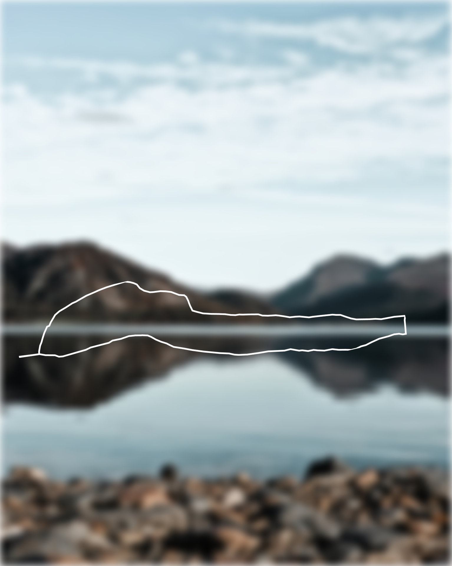 A blurred landscape with mountains reflecting in a calm lake, outlined with a white sketch of a reclining figure.