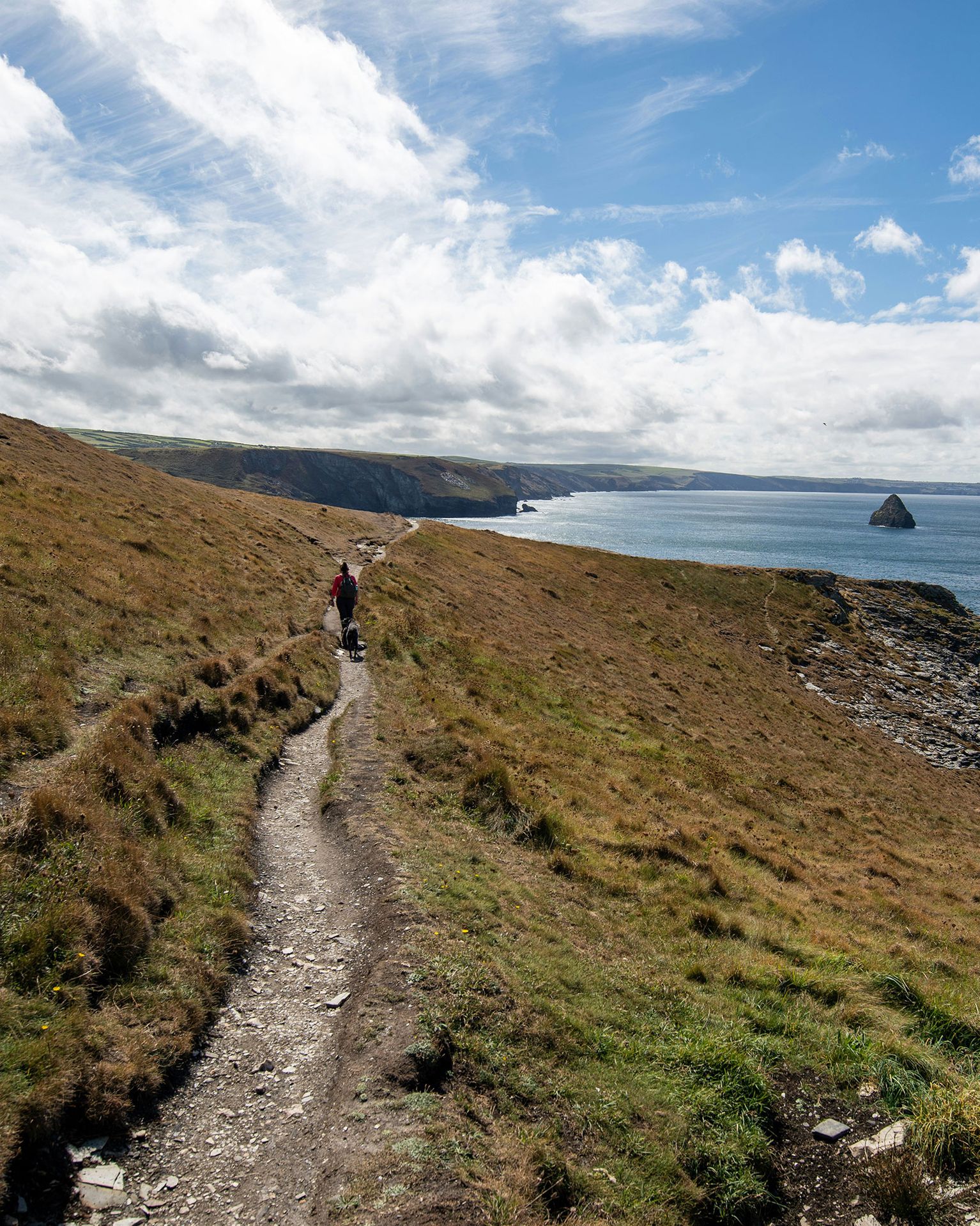 Hiker with a dog walks along a coastal path with grassy hills to the left and a wide ocean view under a partly cloudy sky.