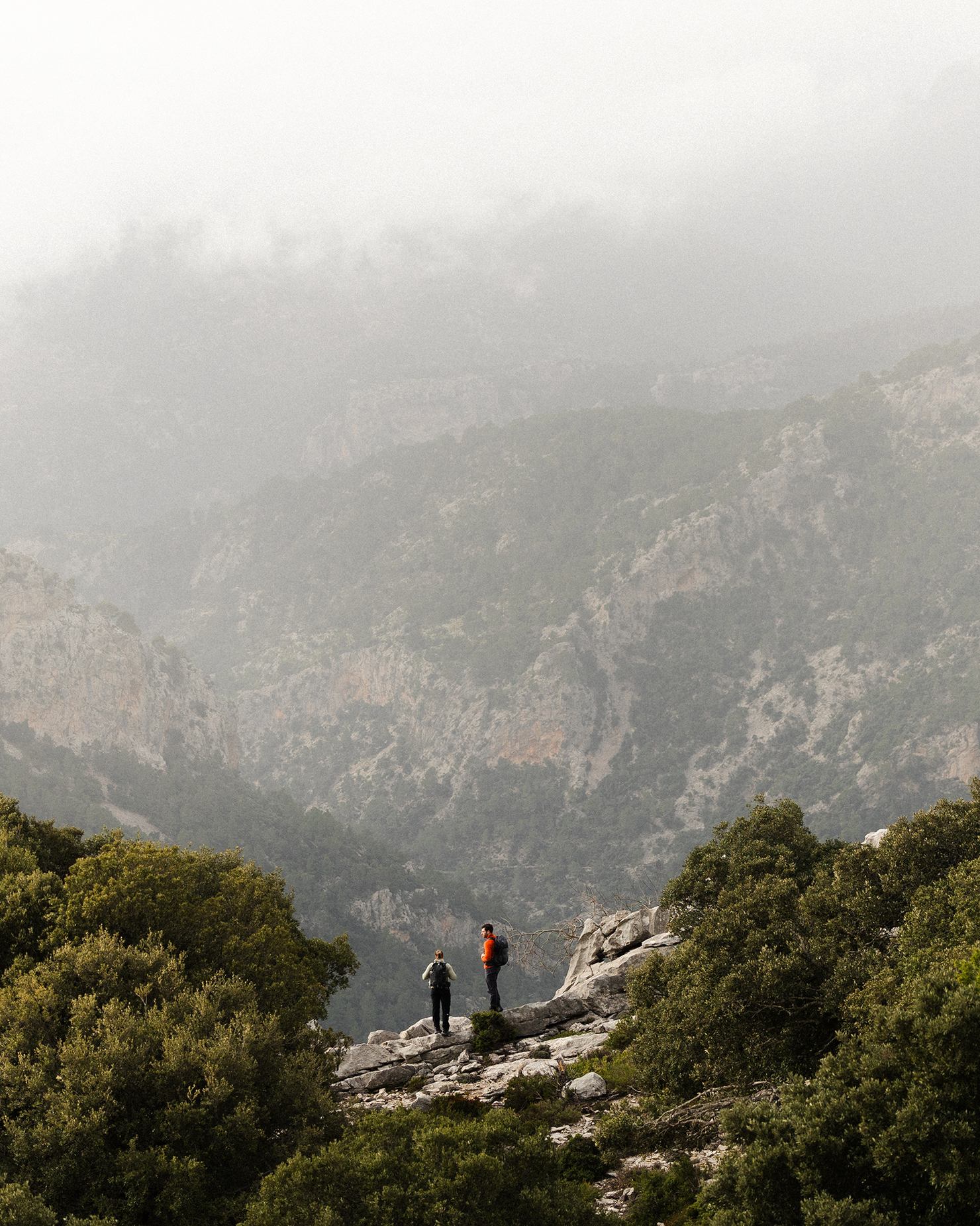Two hikers stand on a rocky hilltop, surrounded by misty mountains and lush greenery, enjoying the expansive view.