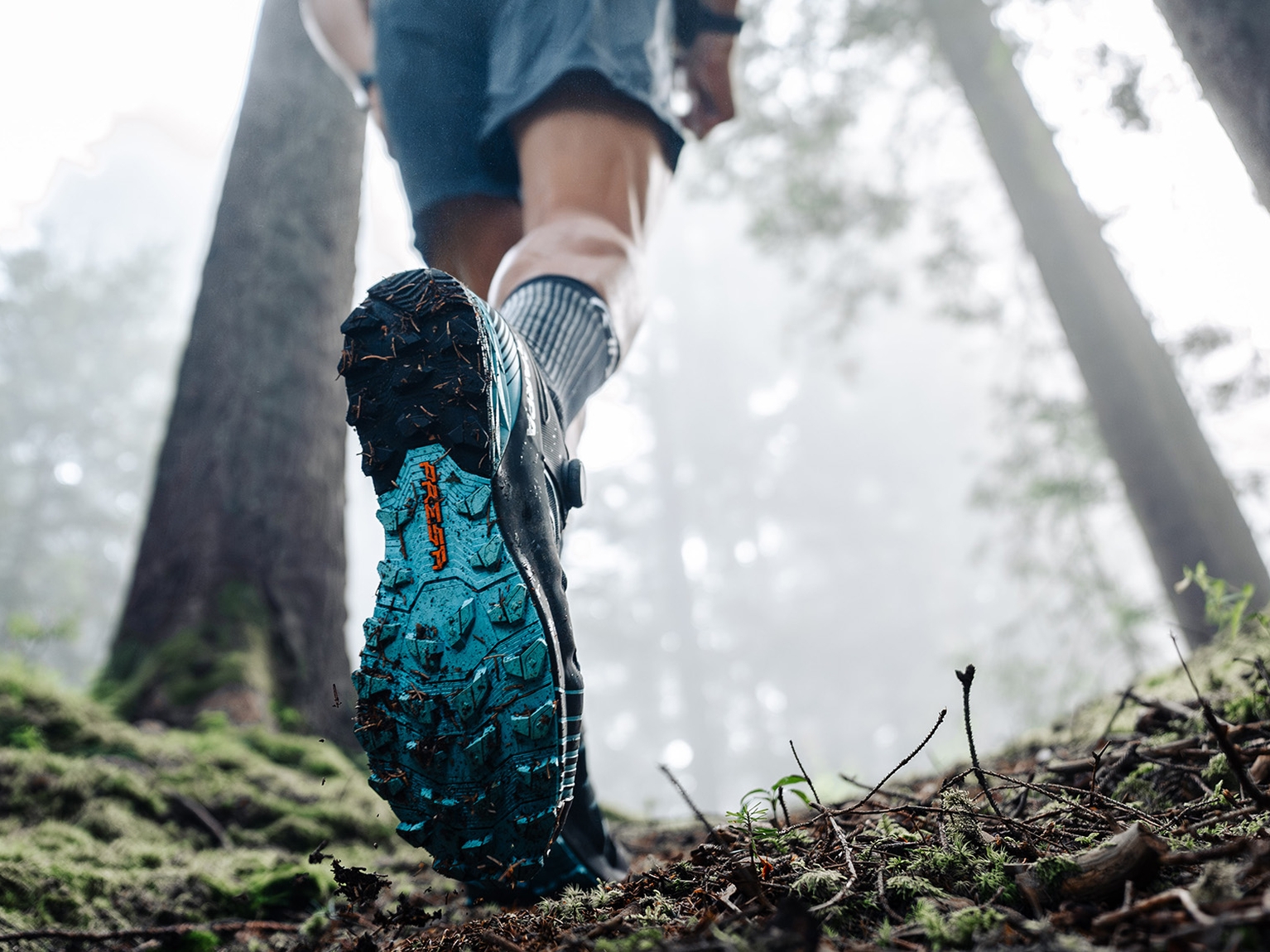 Close-up of a person trail running in a forest, highlighting the sole of their shoe against a backdrop of tall trees and mist.