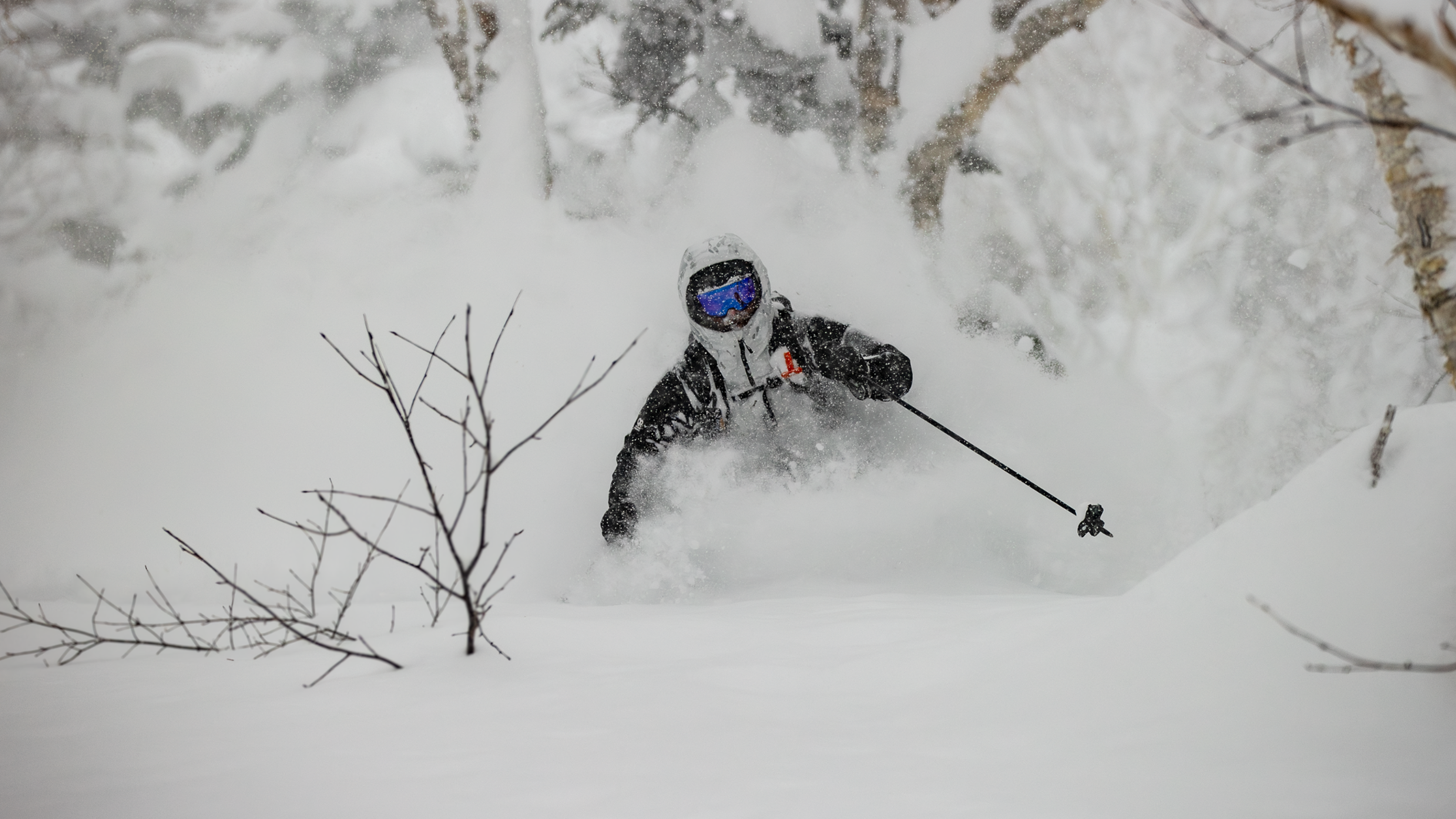Skier in goggles and winter gear navigating through deep powder snow in a forested area, surrounded by snow-covered trees.
