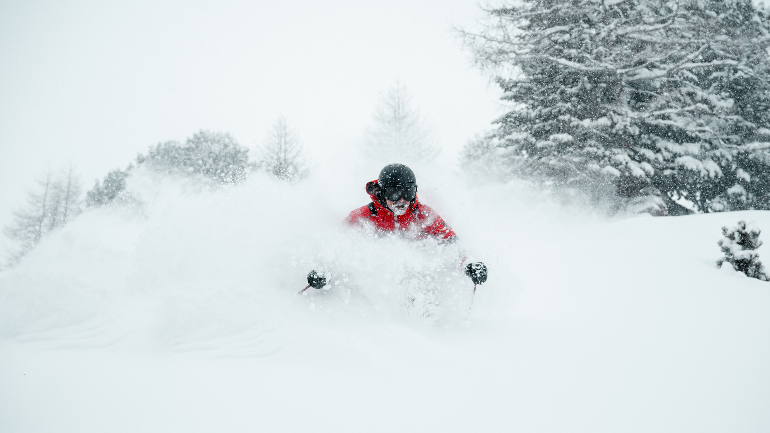 Skier in a red jacket carving through deep powder, spray obscuring legs, trees and snowfall in the background.