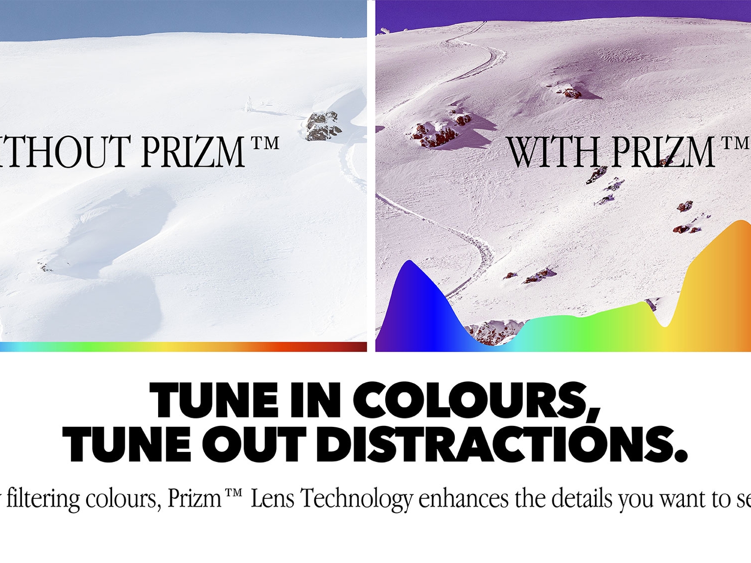 Split image showing a snowy mountain landscape with and without Prizm™ lens technology, highlighting enhanced colours and details. Text below promotes Oakley.