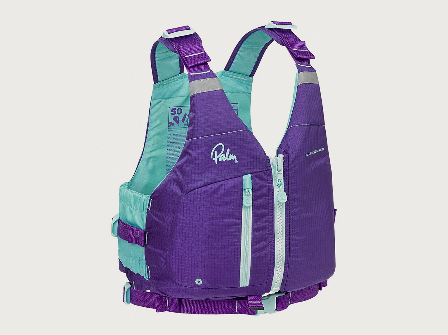Purple and teal life jacket with adjustable straps, front zipper, and pockets, designed for water safety and comfort.