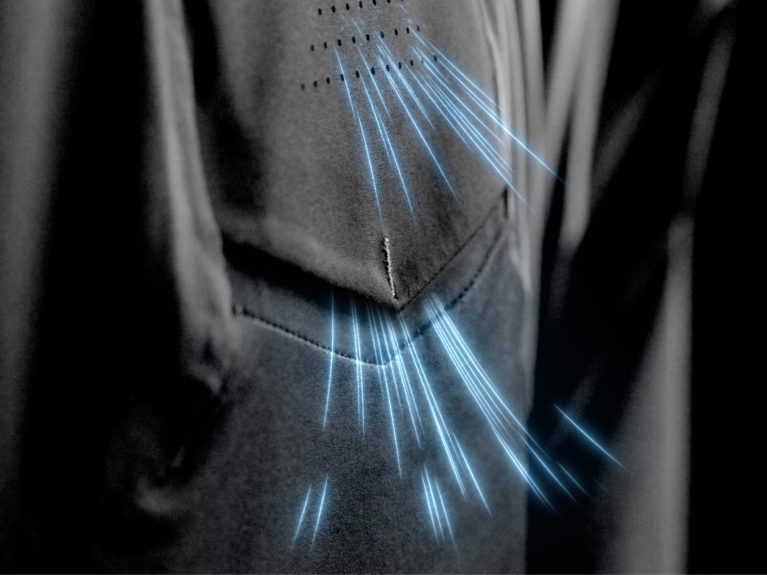 Close-up of a dark jacket with blue lines illustrating breathability and ventilation features.