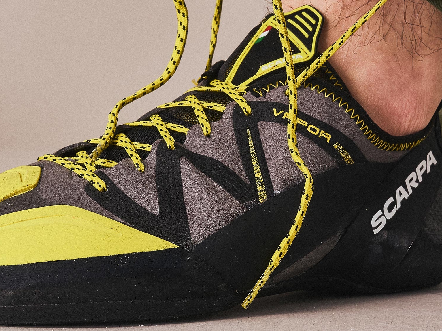 close up of lace-up climbing shoes