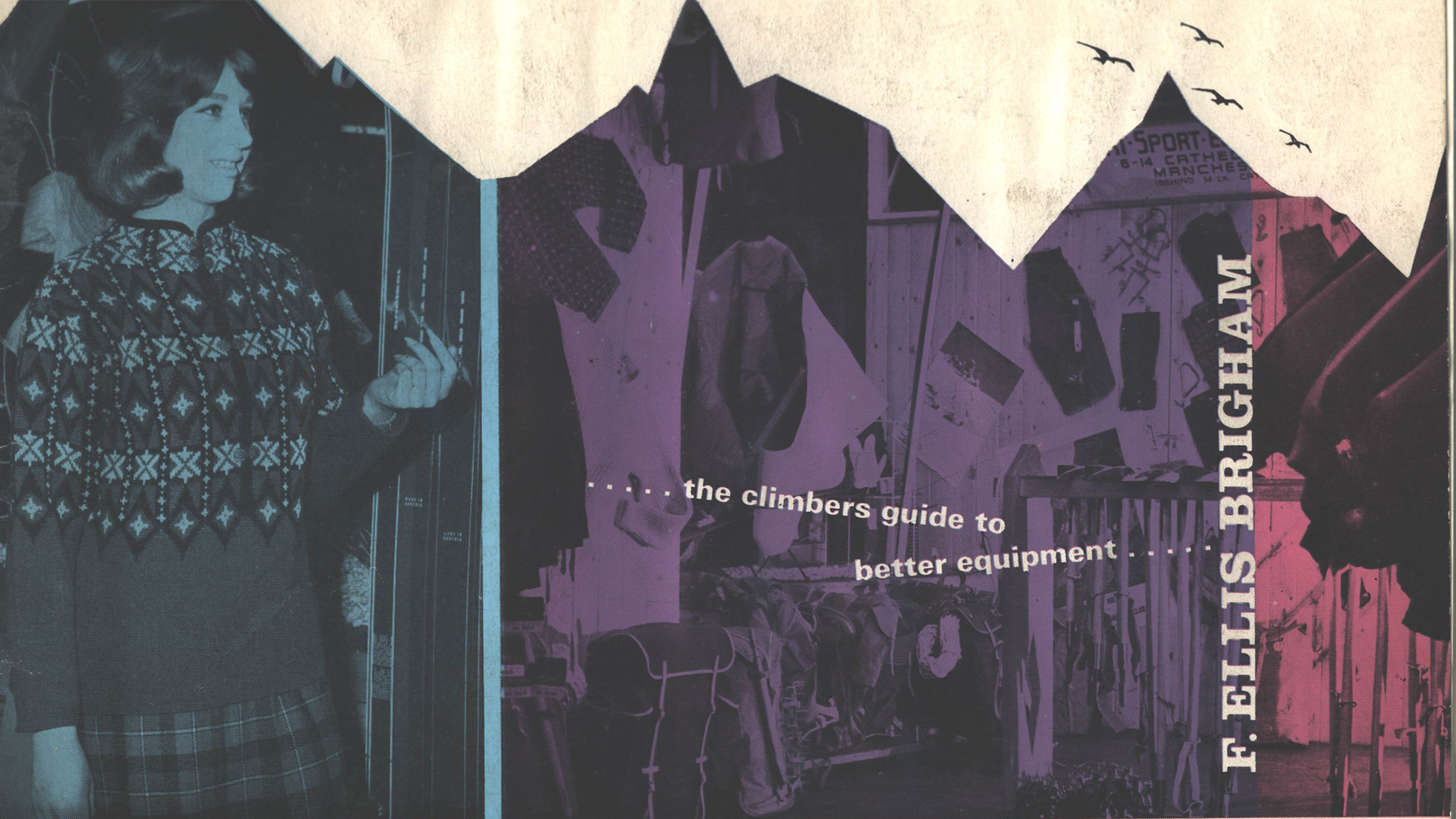 Vintage magazine cover featuring a woman in a patterned sweater, mountains, and text: "The climbers guide to better equipment" by F. Ellis Brigham.