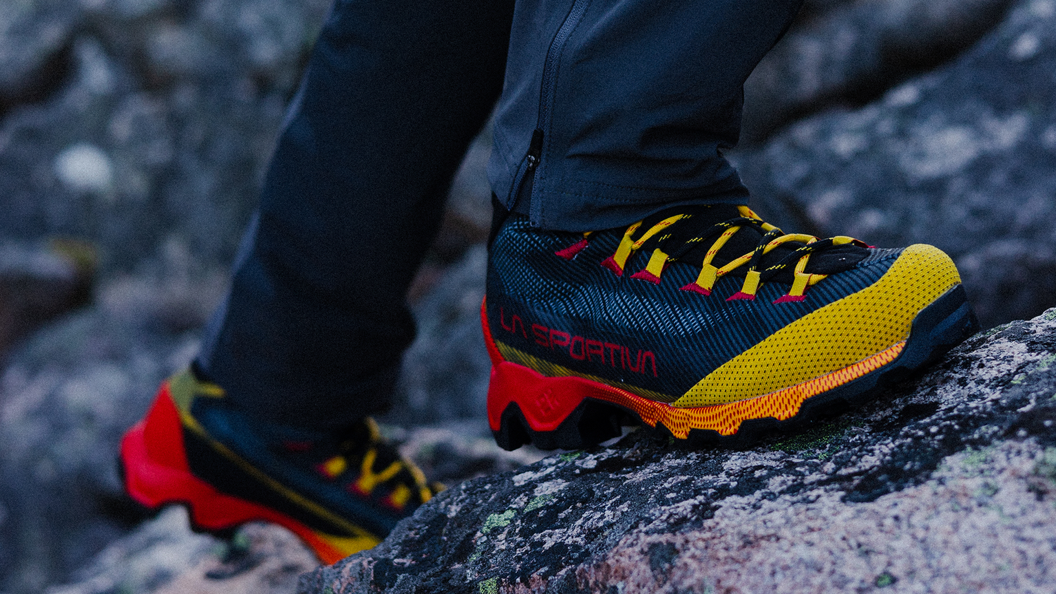 Close up of a person walking in La sportiva boots