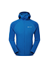 Blue hooded jacket with full zip, designed for mountain sports. Features a sleek silhouette and lightweight fabric.