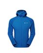 Blue hooded jacket with full zip, designed for mountain sports. Features a sleek silhouette and lightweight fabric.