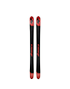 A pair of black and red ski standing upright, featuring a sleek design with visible branding.