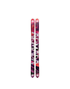 A pair of red and black skis with a dynamic design, standing upright against a white background.