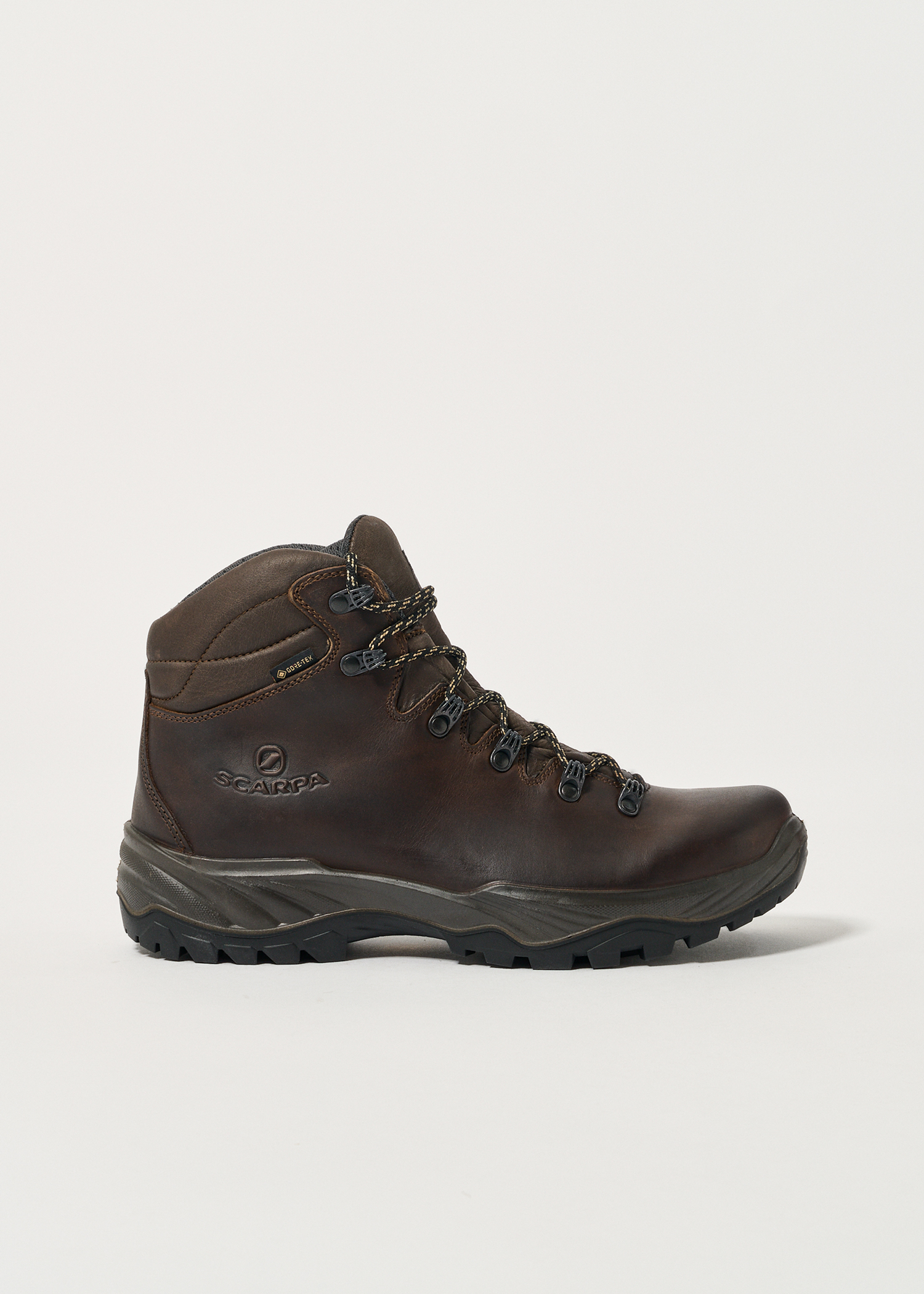 A leather walking boot shown from the side.
